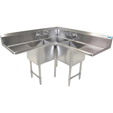 Bk Resources Stainless Steel 3 Compartment Corner Sink W/2-24" Drainboards 18X18X14 BKCS-3-18-14-24T